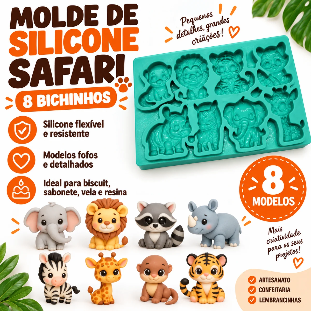Molde de silicone Safari com oito modelos de bichinhos